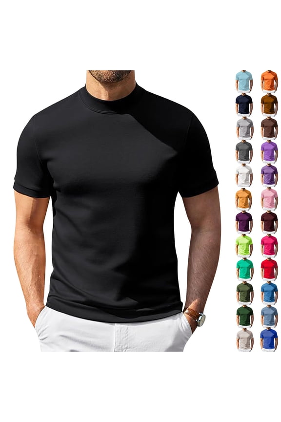 Mens Shirts Mock Turtleneck Short Sleeve Casual Basic Ribbed Solid Pullover Tops Hot Pink XL