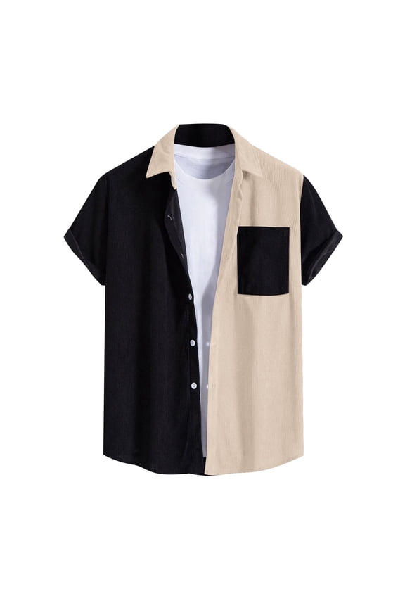 Mens Shirts Patchwork Youth Lapel Short Sleeved Shirt Corduroy Lapel Striped Short Sleeved Shirt Khaki Muscle Fit Men'S Top Clothes XXL