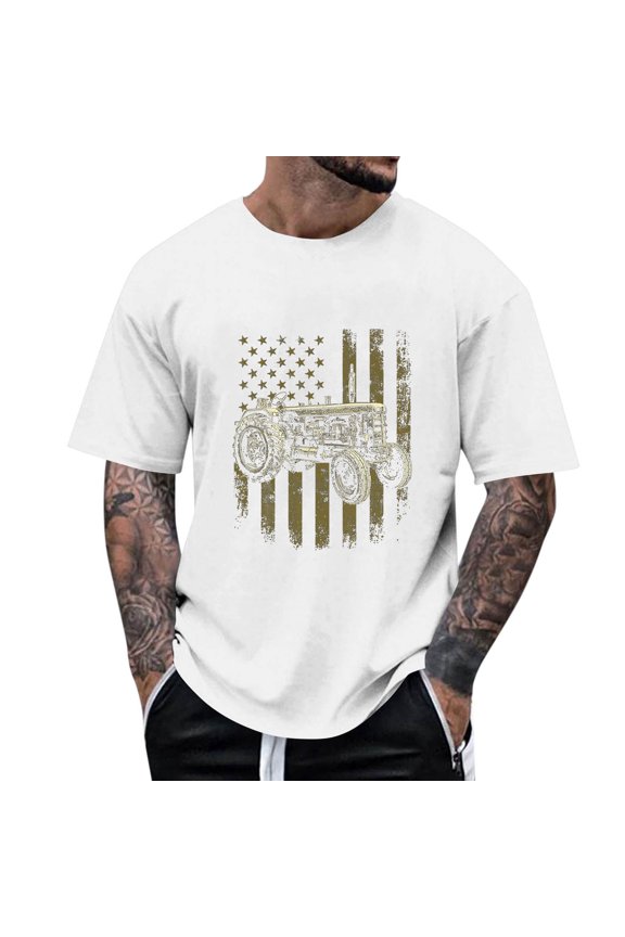 Mens Shirts Patriotic Farm Tractor Short Sleeve Beach Tops,White,2XL