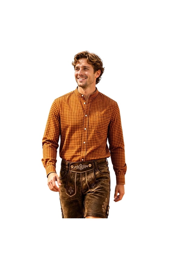 Mens Shirts Plaid Stand Collar Button Down Long Sleeve Slim Classic Mens formal Shirts,Orange,M