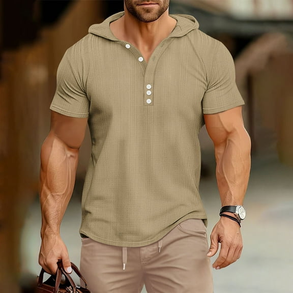 Mens Shirts Plus Size Short Sleeve Half Button Hooded Exercise Fitness Casual Loose Top Khaki XXXL