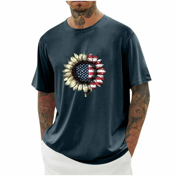 Mens Shirts Plus Size Short Sleeve Independence Day Round-Neck Print Casual Blouses Navy XXXL
