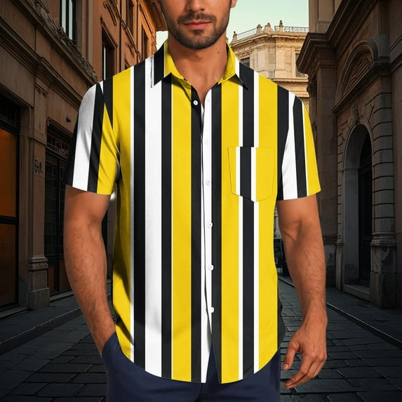 Mens Shirts Plus Size Short Sleeve Lapel Button Stripe Color Block Printing Casual Turndown Collar Shirt Blouse Yellow XXXL