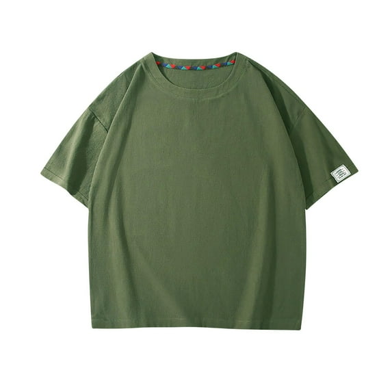 Mens Shirts Plus Size Short Sleeved Cotton Linen Round Neck Solid Color Casual Shirts Army Green XXXL