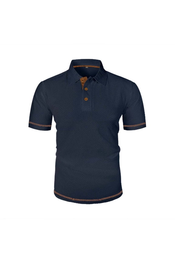 Mens Shirts Plus Size Short Sleeved Lapel Button Casual Solid Color T-shirt Navy XXXL