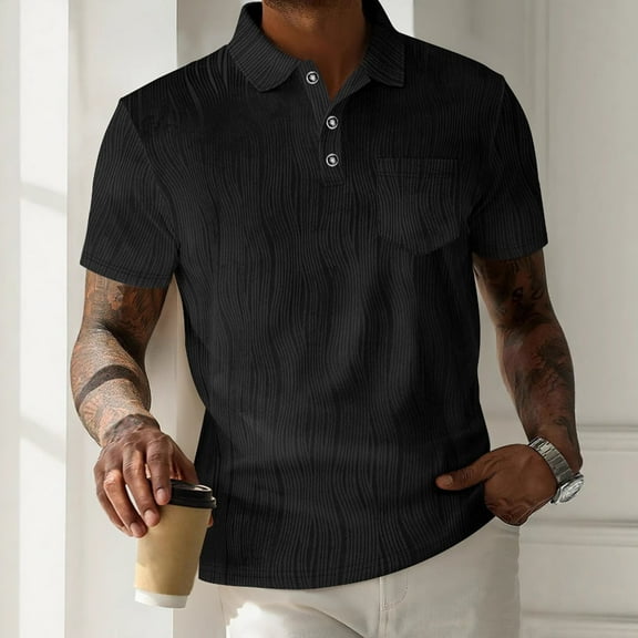 Mens Shirts Plus Size Short Sleeved Lapel Button Pocket Casual Solid Color Summer Shirt Black XXXL