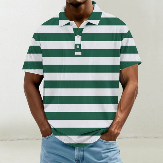Mens Shirts Plus Size Short Sleeved Lapel Button Stripe Casual Solid Color Hook Buckle T-shirt Green XXXL
