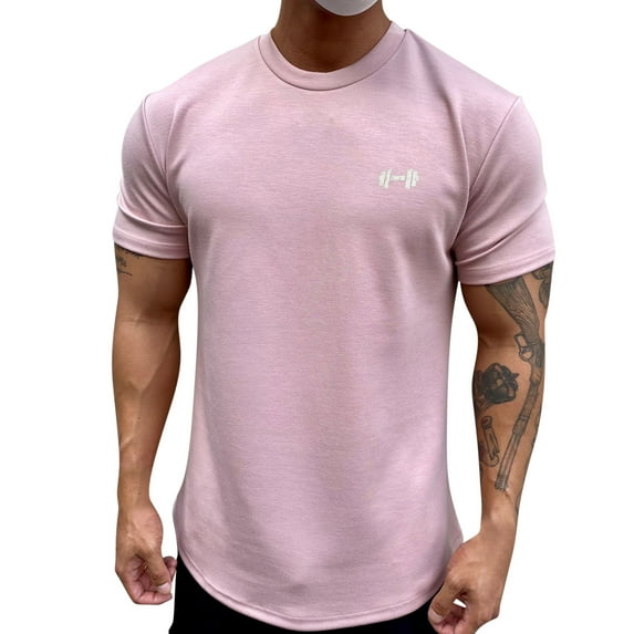 Mens Shirts Plus Size Short Sleeved Round Neck Solid Color Casual Sports Fitness Top Pink XXXL