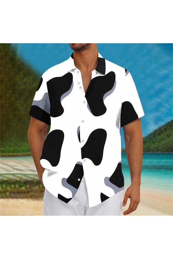 Mens Shirts Plus Size under $5 Lapel Collar Short Sleeve Button-Up Leopard Print Shirt Trendy Shirt White XXXL