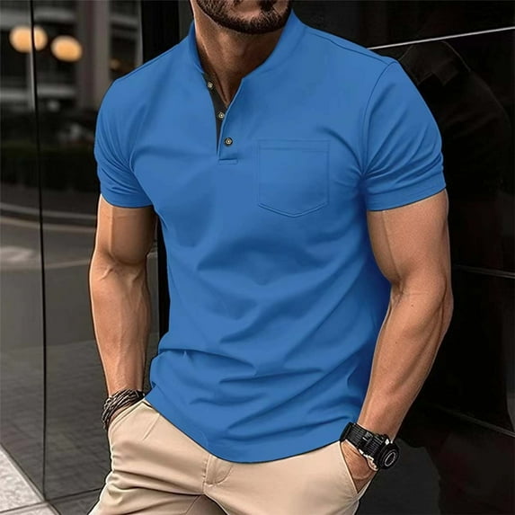 Mens Shirts Plus Size under $5 Short Sleeve Button Pocket Stand-up Collar Solid Color Polo T-Shirt Summer Collared Golf Shirt Blue M