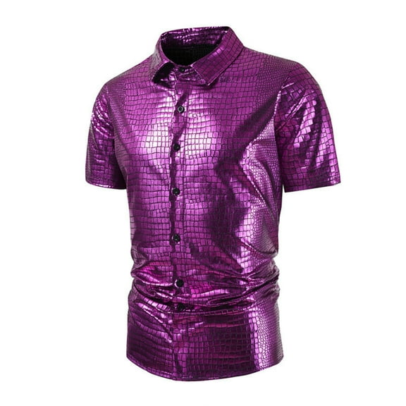 Mens Shirts Plus Size under $5 Short Sleeve Button Sequin Turndown Collar Nightclub Casual Top Pink M