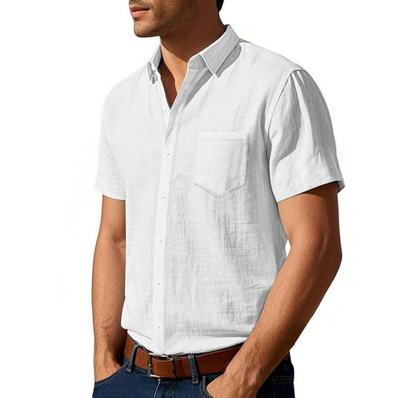 Mens Shirts Plus Size under $5 Short Sleeve Cotton Linen Lapel Button Pocket Solid Color Summertime Casual Shirt White XL