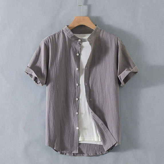 Mens Shirts Plus Size under $5 Short Sleeve Cotton Linen Stand Collar Button Down Shirts Blouse Jacket Gray XXL
