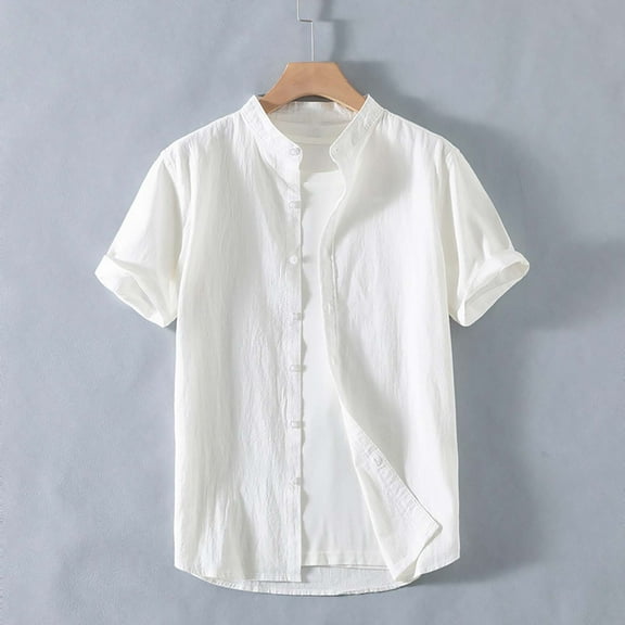 Mens Shirts Plus Size under $5 Short Sleeve Cotton Linen Stand Collar Button Down Shirts Blouse Jacket White XXL