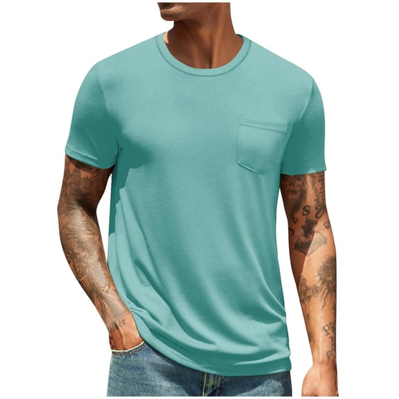 Mens Shirts Plus Size under $5 Short Sleeve Crew Neck Pocket Cotton T-Shirts Casual Basic Tshirts Tee Light Blue XXL