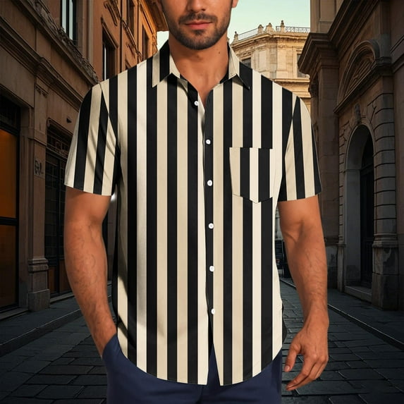 Mens Shirts Plus Size under $5 Short Sleeve Lapel Button Stripe Color Block Printing Casual Turndown Collar Shirt Blouse Beige XL
