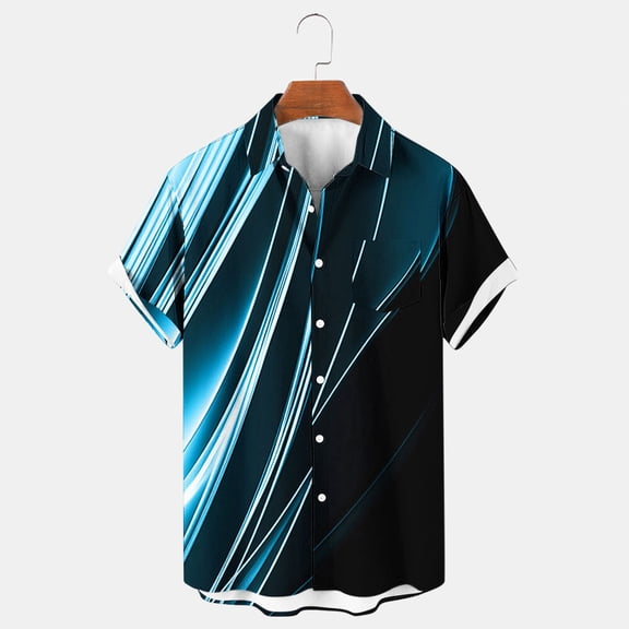 Mens Shirts Plus Size under $5 Short Sleeve Lapel Button-Up Solid Color T-Shirt Stylish Casual Tee Blue XXXL