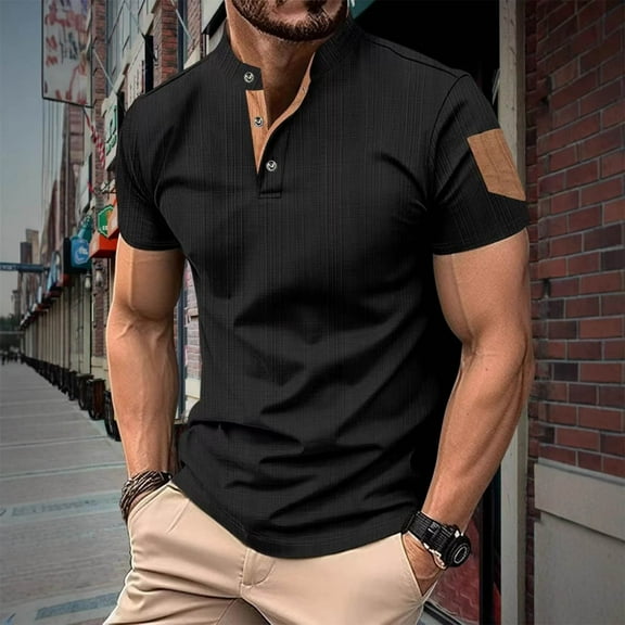 Mens Shirts Plus Size under $5 Short Sleeve Pockets Button Stand Collar Breathable Loose Casual Top Black XXL