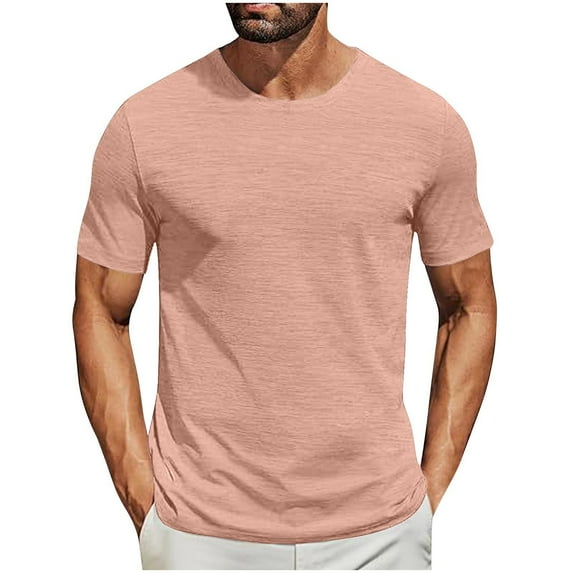 Mens Shirts Plus Size under $5 Short Sleeve Round-Neck Casual Pullover Solid Color Pullover Tops Solid Basic Tee Pink M