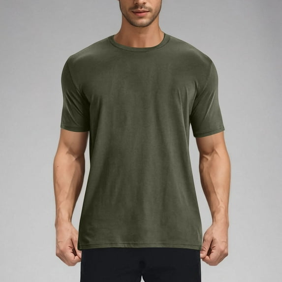 Mens Shirts Plus Size under $5 Short Sleeve Round Neck Elastic Solid Color Casual Sports Pullover Top Army Green M
