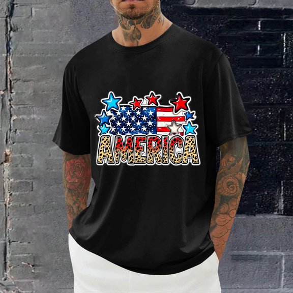 Mens Shirts Plus Size under $5 Short Sleeve Round-Neck Independence Day Printing Casual Blouses Black XL