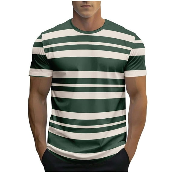Mens Shirts Plus Size under $5 Short Sleeve Stripe Round-Neck Casual Print Sports T-shirt Pullover Tops Solid Basic Tee Green M