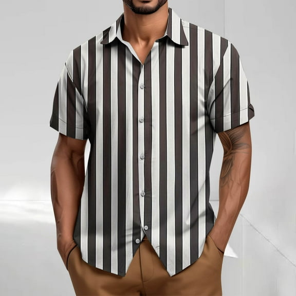 Mens Shirts Plus Size under $5 Short Sleeve Stripe Turdown Collar Button Up Casual Summer Shirt Dark Gray XL