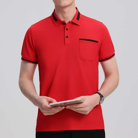 Mens Shirts Plus Size under $5 Short Sleeve Turndown Collar Button Pocket Solid Color Polo T-Shirt Summer Collared Golf Shirt Red M