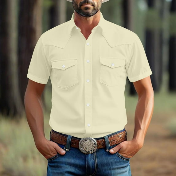 Mens Shirts Plus Size under $5 Short Sleeve Turndown Collar Pocket Solid Color Casual Blouse Khaki XL