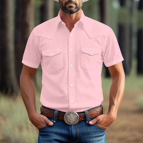 Mens Shirts Plus Size under $5 Short Sleeve Turndown Collar Pocket Solid Color Casual Blouse Pink XL