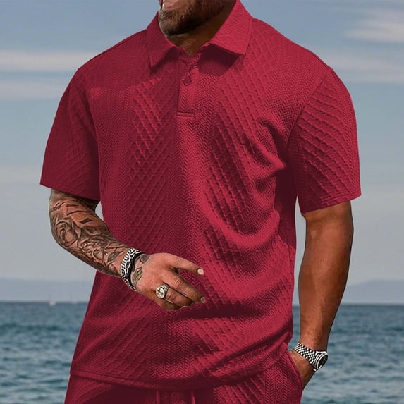 Mens Shirts Plus Size under $5 Short Sleeve Turndown Collar Solid Color Breathable Button T-Shirt Summer Collared Golf Shirt Wine M