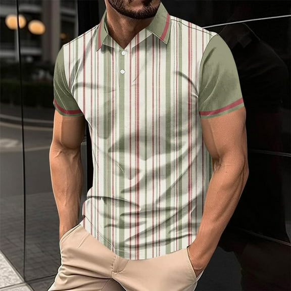 Mens Shirts Plus Size under $5 Short Sleeved Lapel Striped Printed Button Casual Solid Color T-shirt Army Green XL