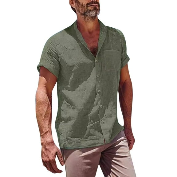 Mens Shirts Plus Size under $5 Short Sleeved Lapel Summer Solid Color Cardigan Loose Pocket Casual Top Army Green XXL