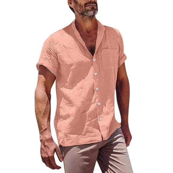Mens Shirts Plus Size under $5 Short Sleeved Lapel Summer Solid Color Cardigan Loose Pocket Casual Top Pink XXL