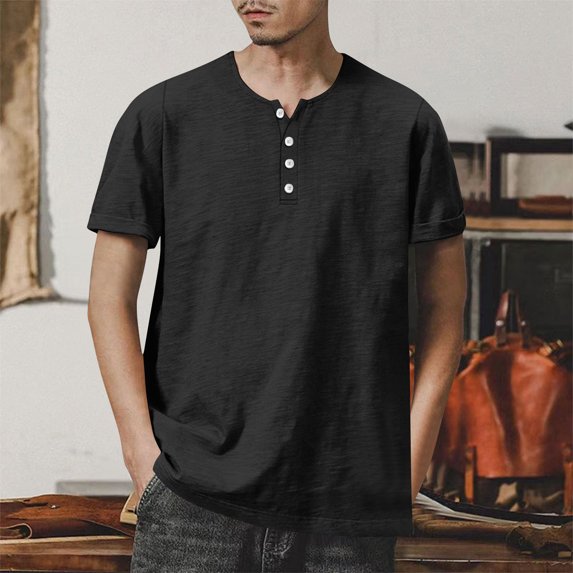 Mens Shirts Plus Size under $5 Short Sleeved Round Neck Button Solid Color Hem Slit Top Black M