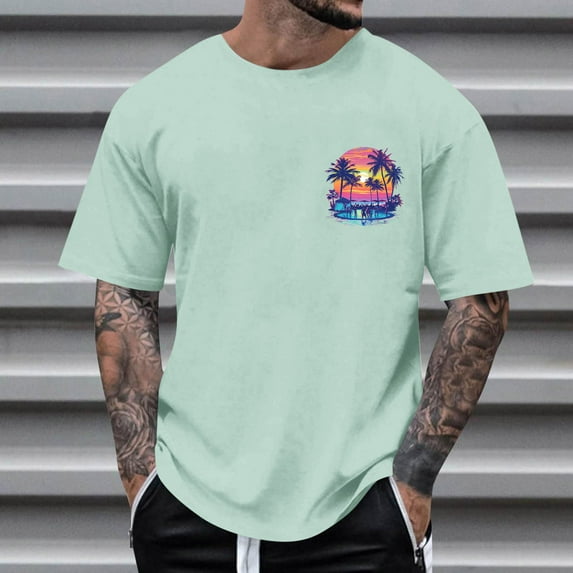 Mens Shirts Print Coconut Tree Blouses Round Neck Casual Short Sleeve Round-Neck Top Mint Green M T-shirts for Men