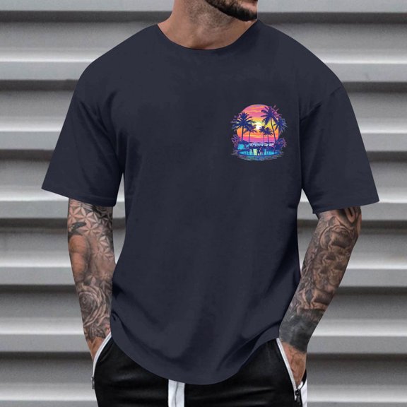 Mens Shirts Print Coconut Tree Blouses Round Neck Casual Short Sleeve Round-Neck Top Navy S T-shirts for Men
