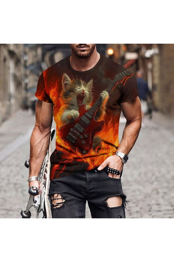 Mens Shirts Print Kitten Cat Blouses Round-Neck Short Sleeve Casual Shirts Red M T-shirts for Men