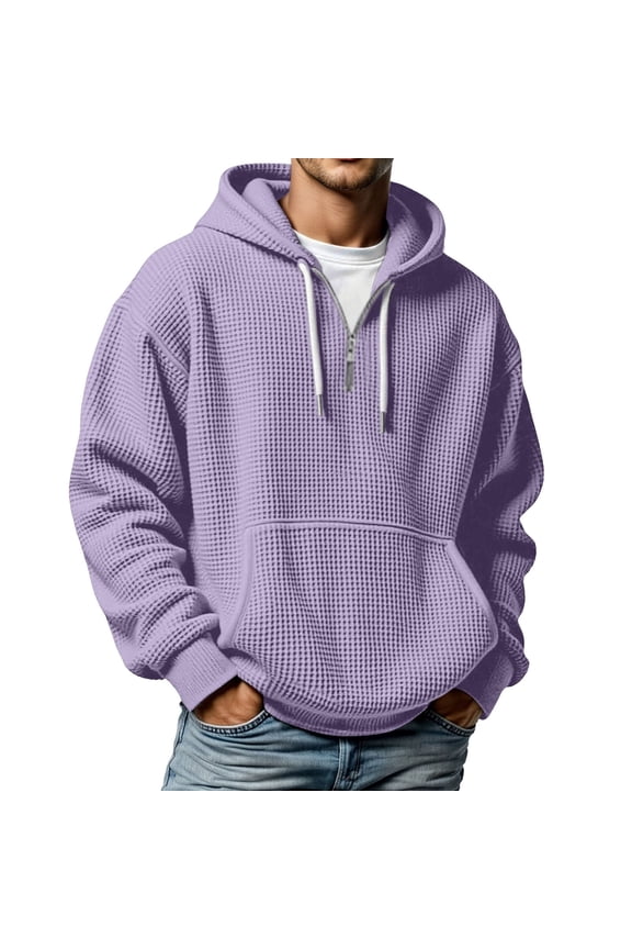 Mens Shirts Quarter Zip Sweatshirt Solid Waffle Long Sleeve Hooded Tops Light Purple XXL