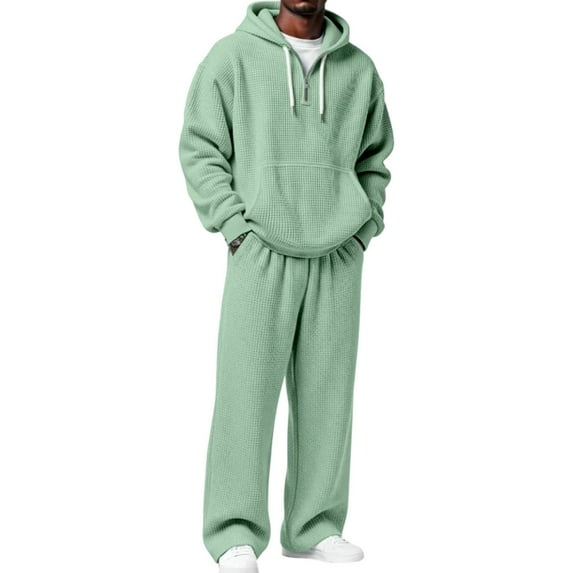 Mens Shirts Quarter Zip Sweatshirt Solid Waffle Long Sleeve Hooded Tops & Waffle Pnats(No Drawstring) Set Color: Light Green Size: XL