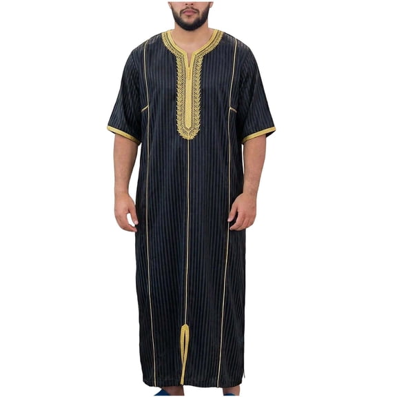 Mens Shirts, Retro Embroidered Muslim Thobe for Men Short Sleeve Long Robe Arab Ramadan Gowns Kaftan Thobe Black S
