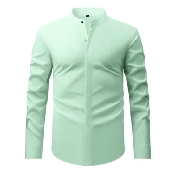 Mens Shirts Retro Stand Collar Long Sleeve Stretchy Business Tops Formal Solid Color Comfortable Dress Shirts for Men
