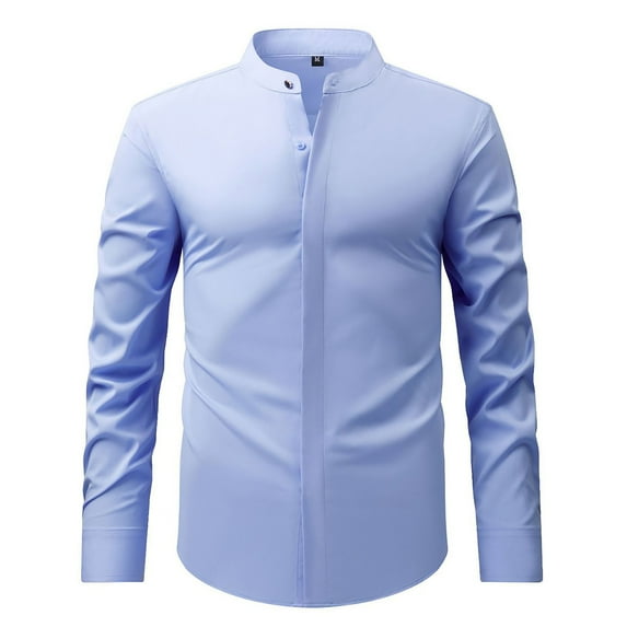Mens Shirts Retro Stand Collar Long Sleeve Stretchy Business Tops Formal Solid Color Comfortable Men Dress Shirt