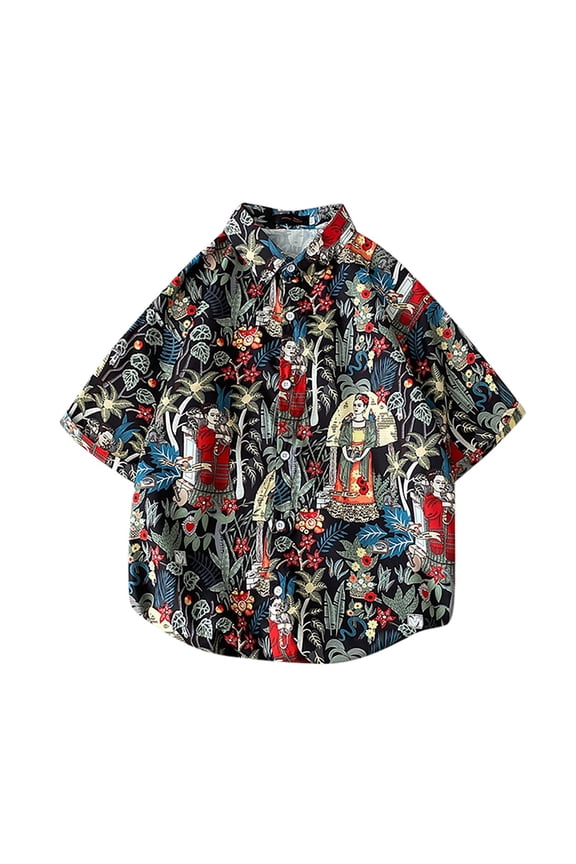 Mens Shirts Retro Vintage Graphic Print Short Sleeve Casual Button Down Summer Beach Hawaiian Shirt for Men Black L