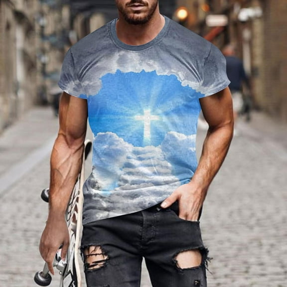 Mens Shirts Round Neck Short Sleeve Print Fallow Casual T-shirt Light Blue 5XL