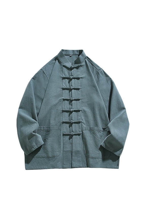 Mens Shirts Shirts for Men Loose Long Sleeve Chinese Traditional Tai Chi Frog-Button Linen Shirt