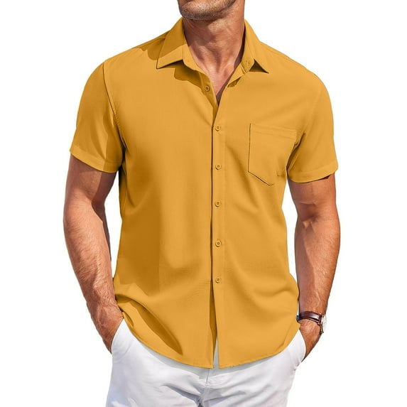 Mens Shirts Shirts for Men Men's Vintage Button Down Bowling Shirts Short Sleeve Summer Beach Shirt Yellow Polyester L