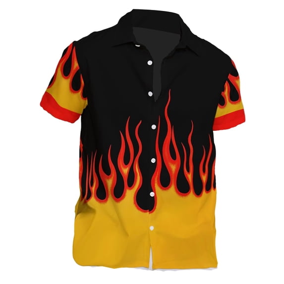 Mens Shirts Short Sleeve 3D Flame Print Casual Button Down Summer Lapel Top Black M