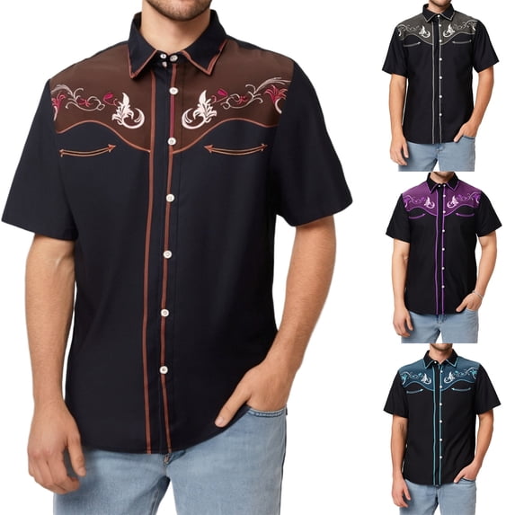 Mens Shirts Short Sleeve 3D Western Cowboy Print Lapel Casual Summer Shirt Blue L