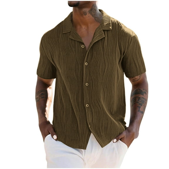 Mens Shirts Short Sleeve Button-Down T-Shirts Casual Solid Color Textured Collared Breathable Hawaiian Beach Vacation Tees Tops